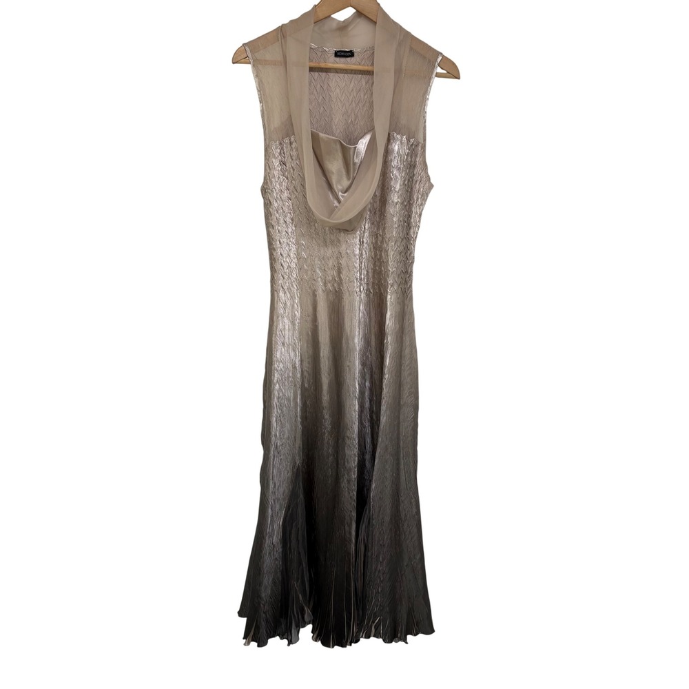 Komarov Ombre Pleated Cowl Neck Sleeveless Midi Dress Champagne Charcoal Large